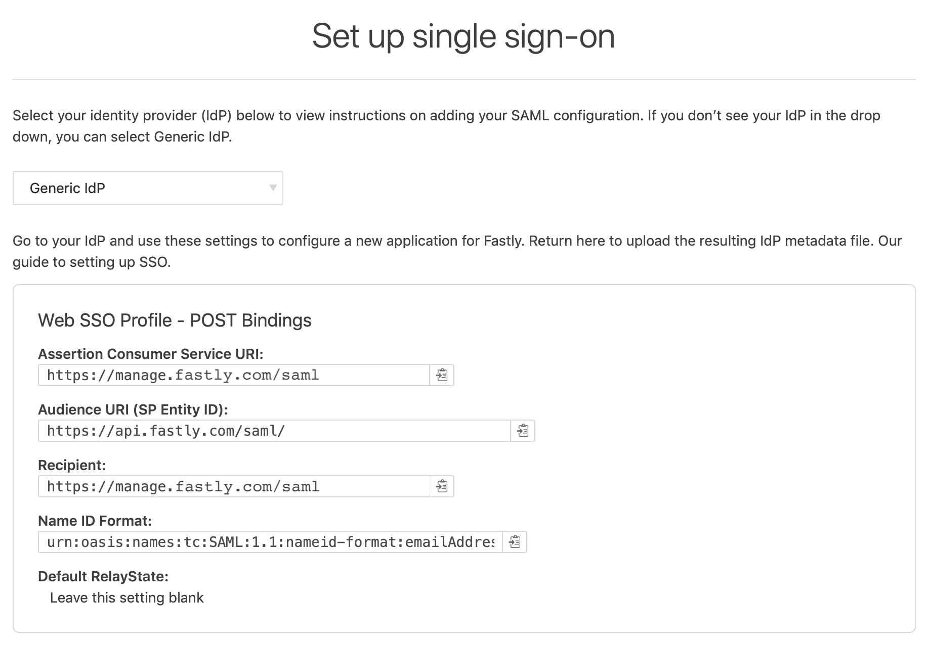 ID プロバイダーを選択して IdP を設定することができる SSO ページのセクション