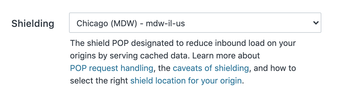 The shielding interface in the Fastly web interface