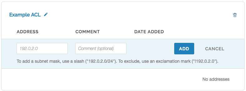 Fastly のコントロールパネルに表示される、空のエントリーフィールドを持つ空のアクセス制御リストコンテナ