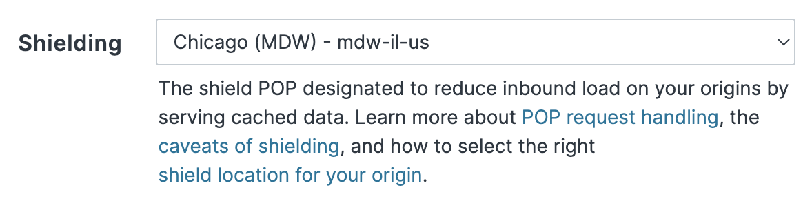 Shielding settings in the Fastly web interface