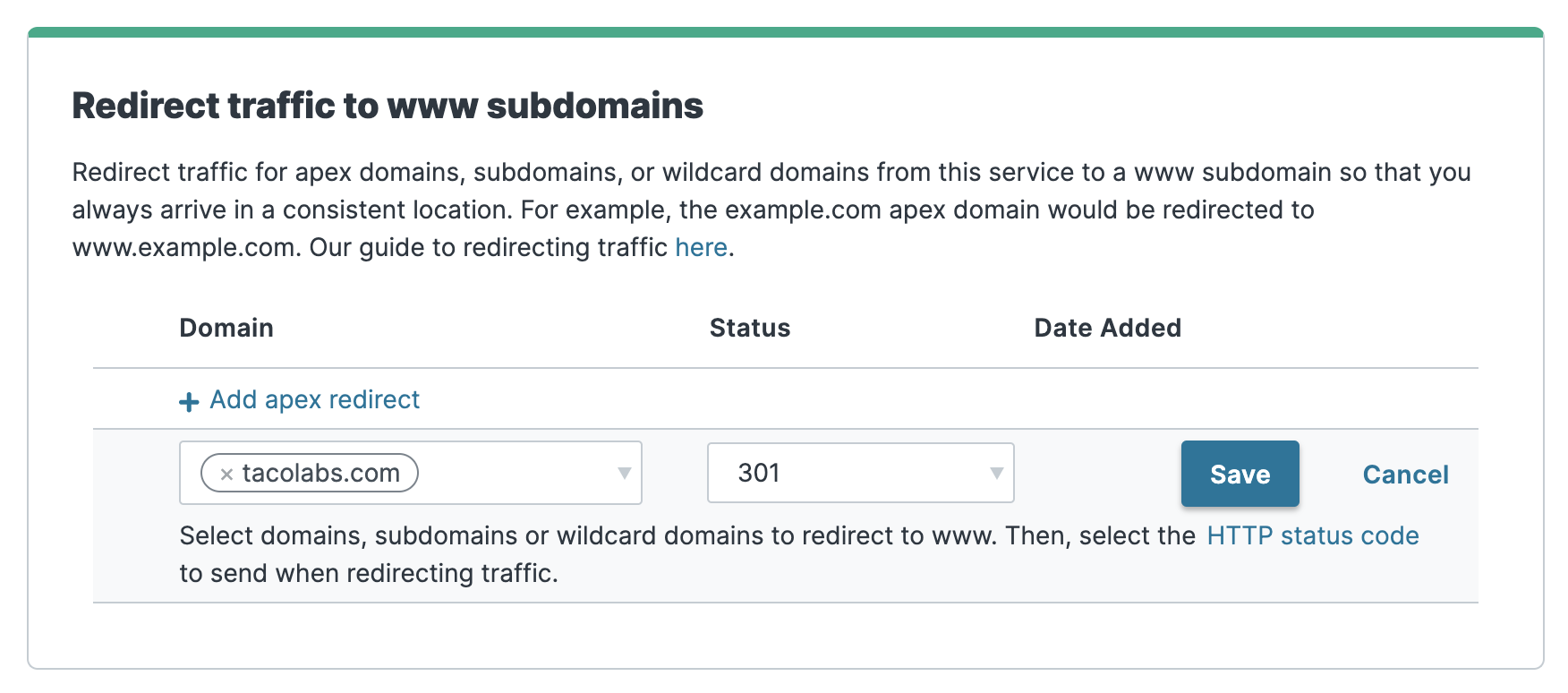 Enabling the apex redirect in the Fastly web interface