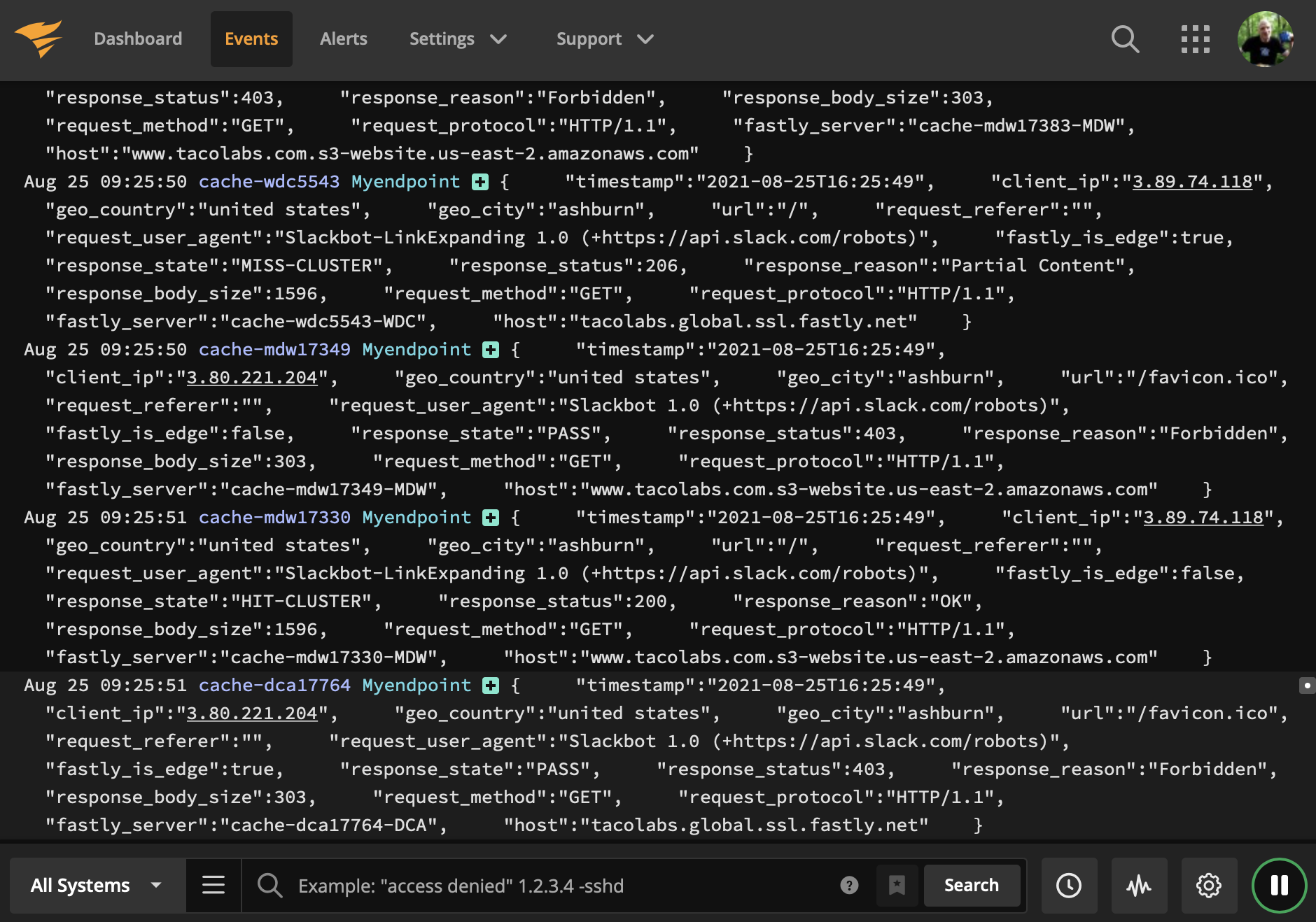 Streaming logs in Papertrail