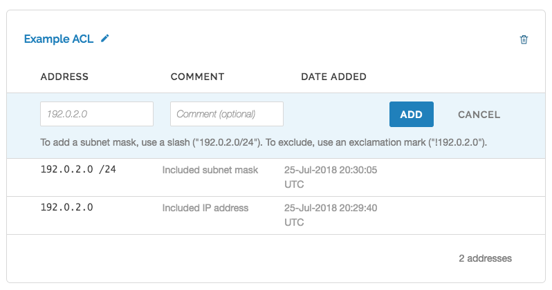 Fastly コントロールパネルに表示される、IP アドレスとサブネットマスクを含むアクセス制御リスト