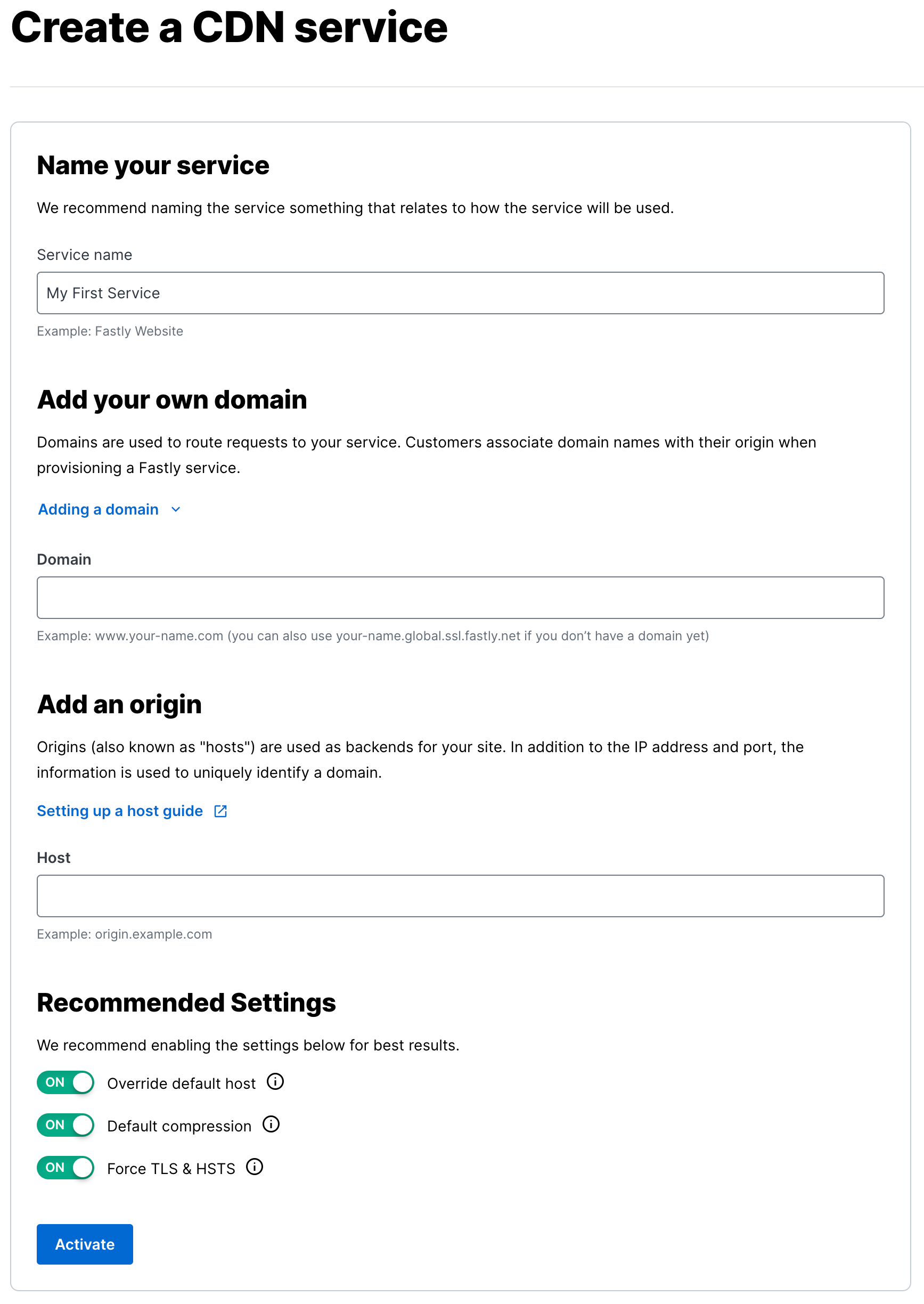 Create a CDN service ページ