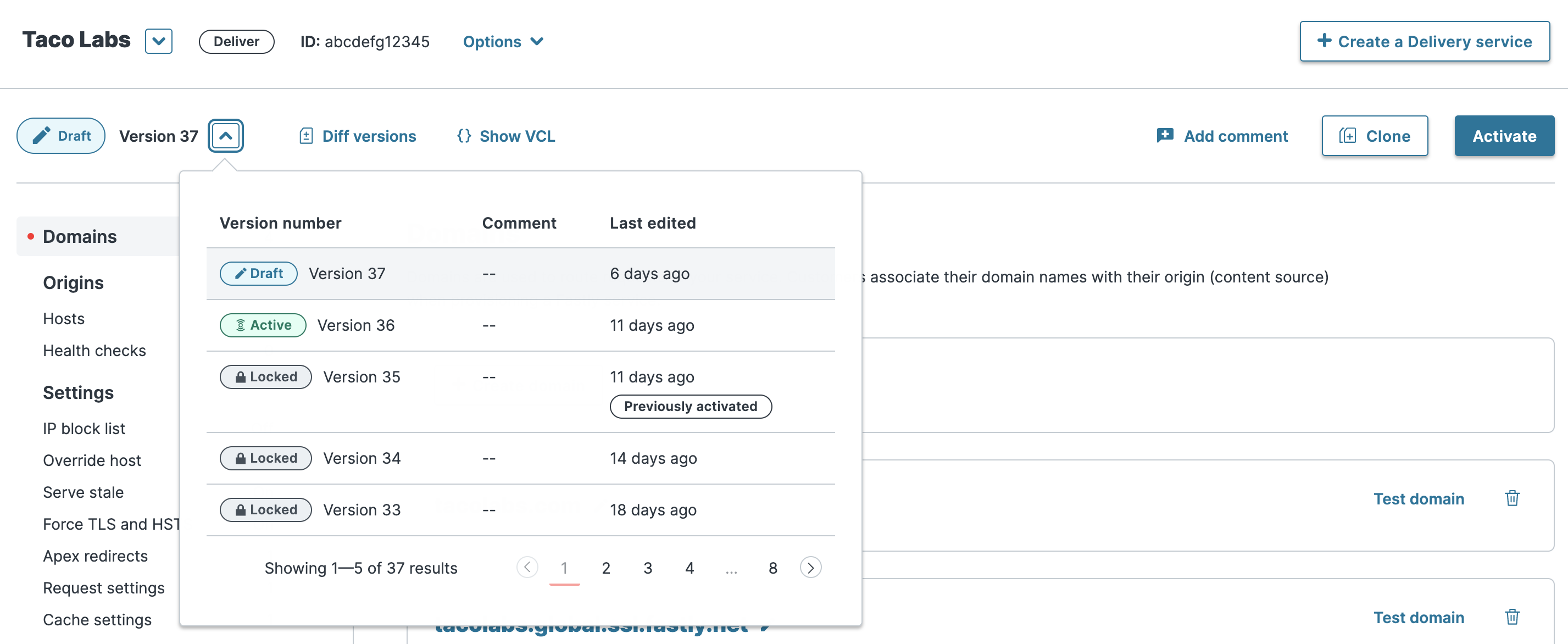 Use the web interface to switch between versions of a service configuration