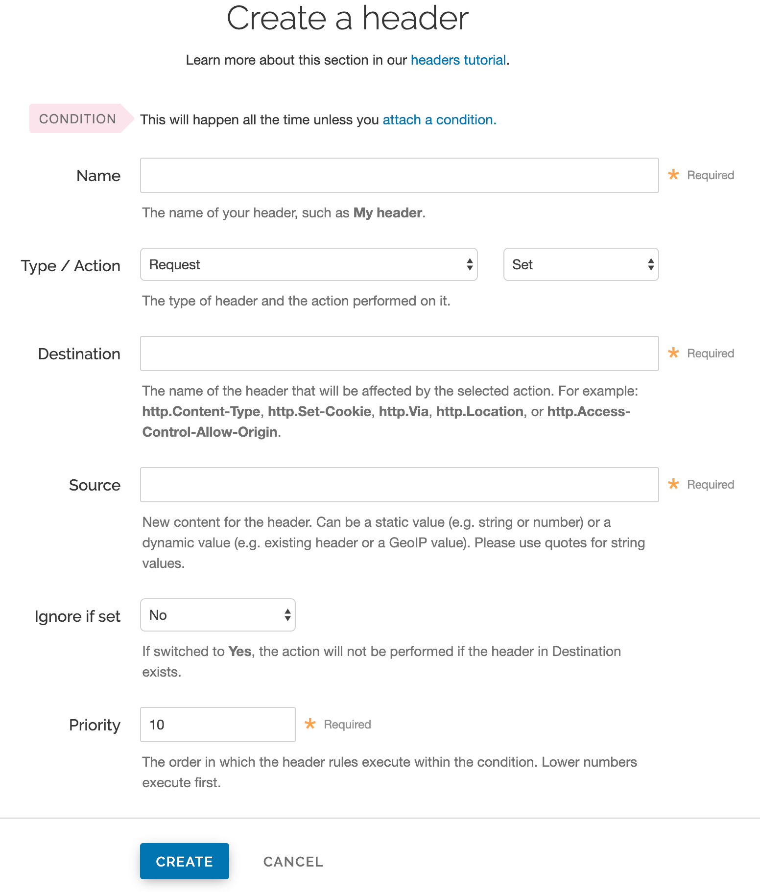 the create header page