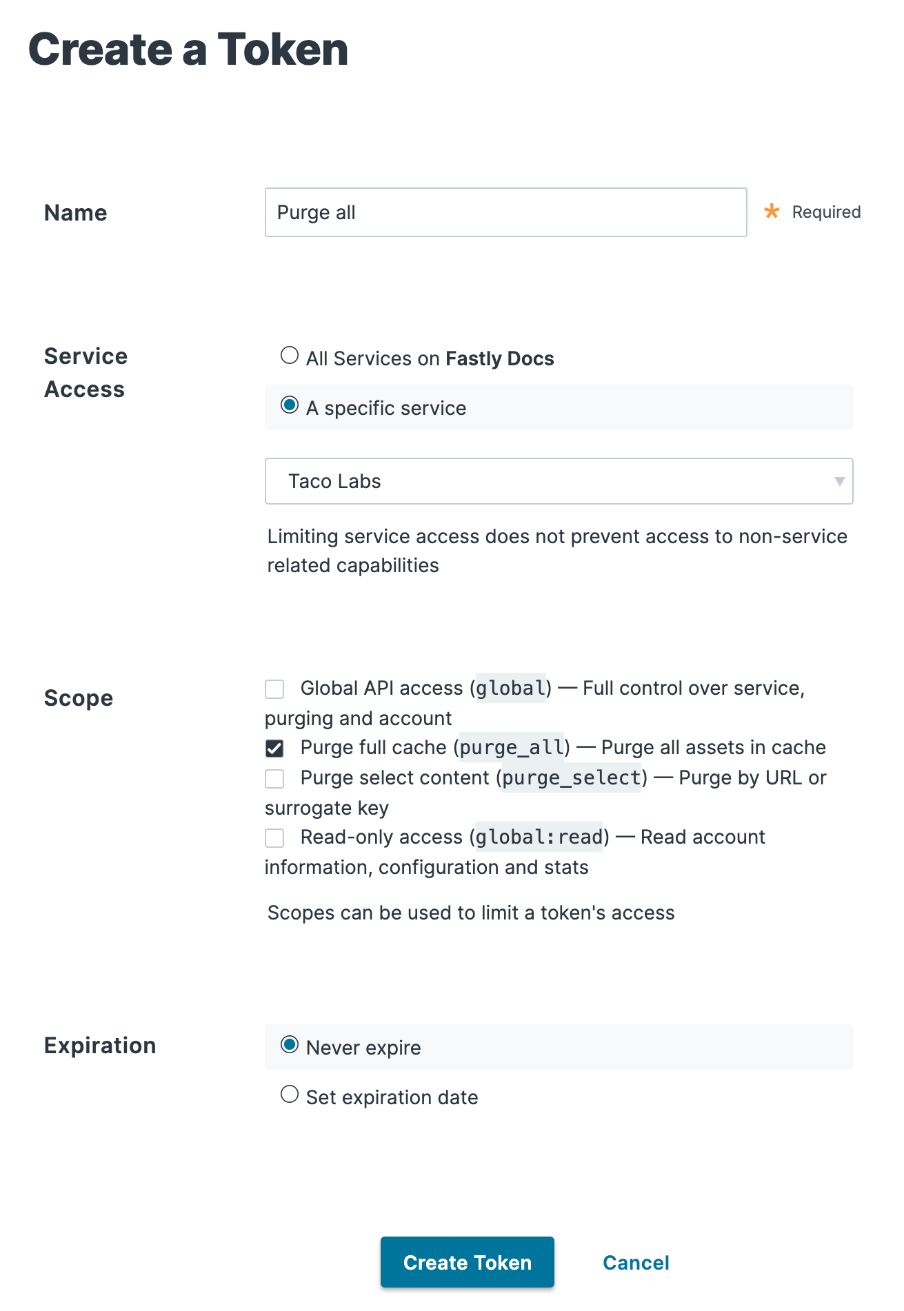 Creating an API token in the Fastly web interface