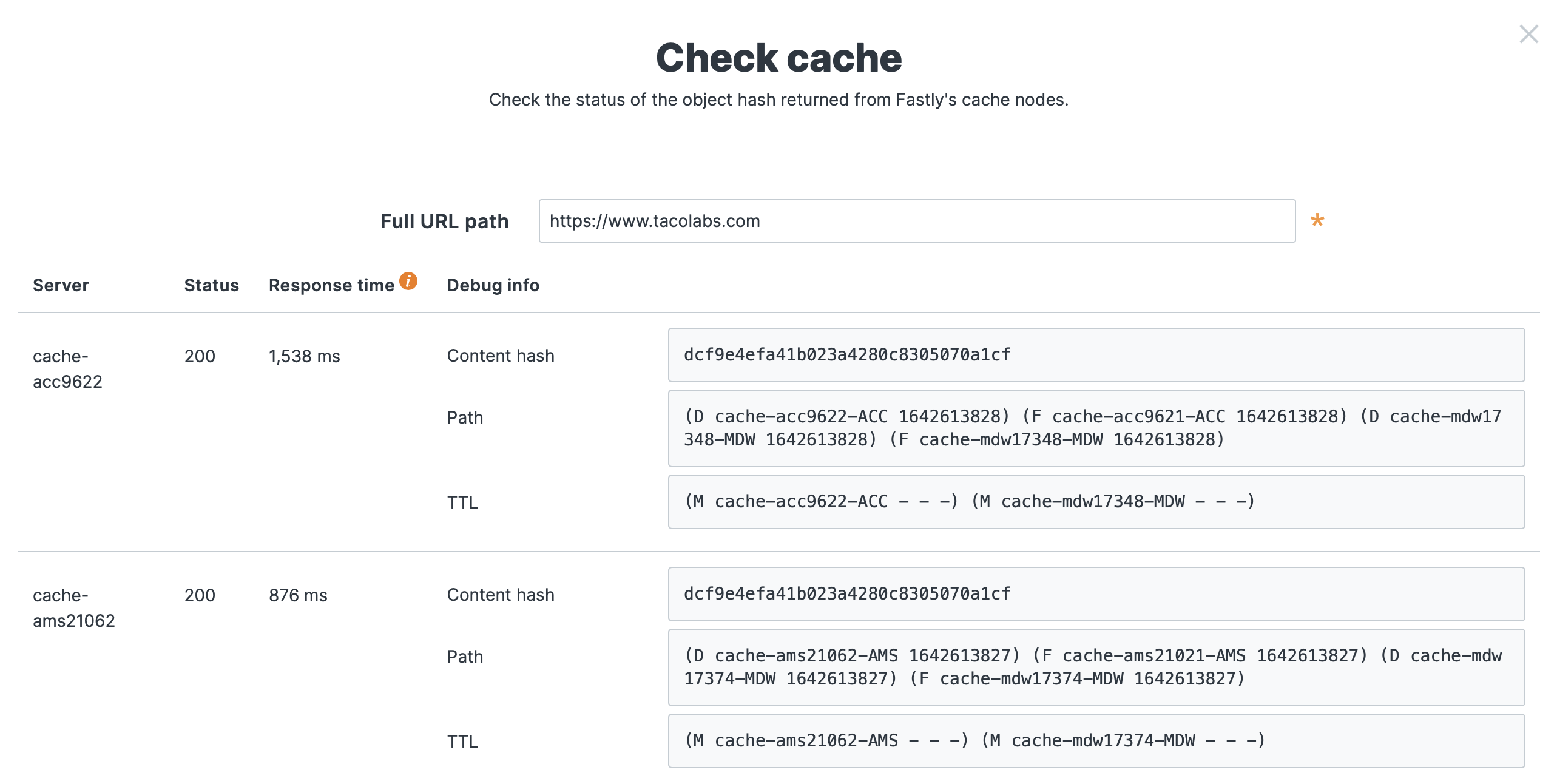 Checking cache in the Fastly web interface